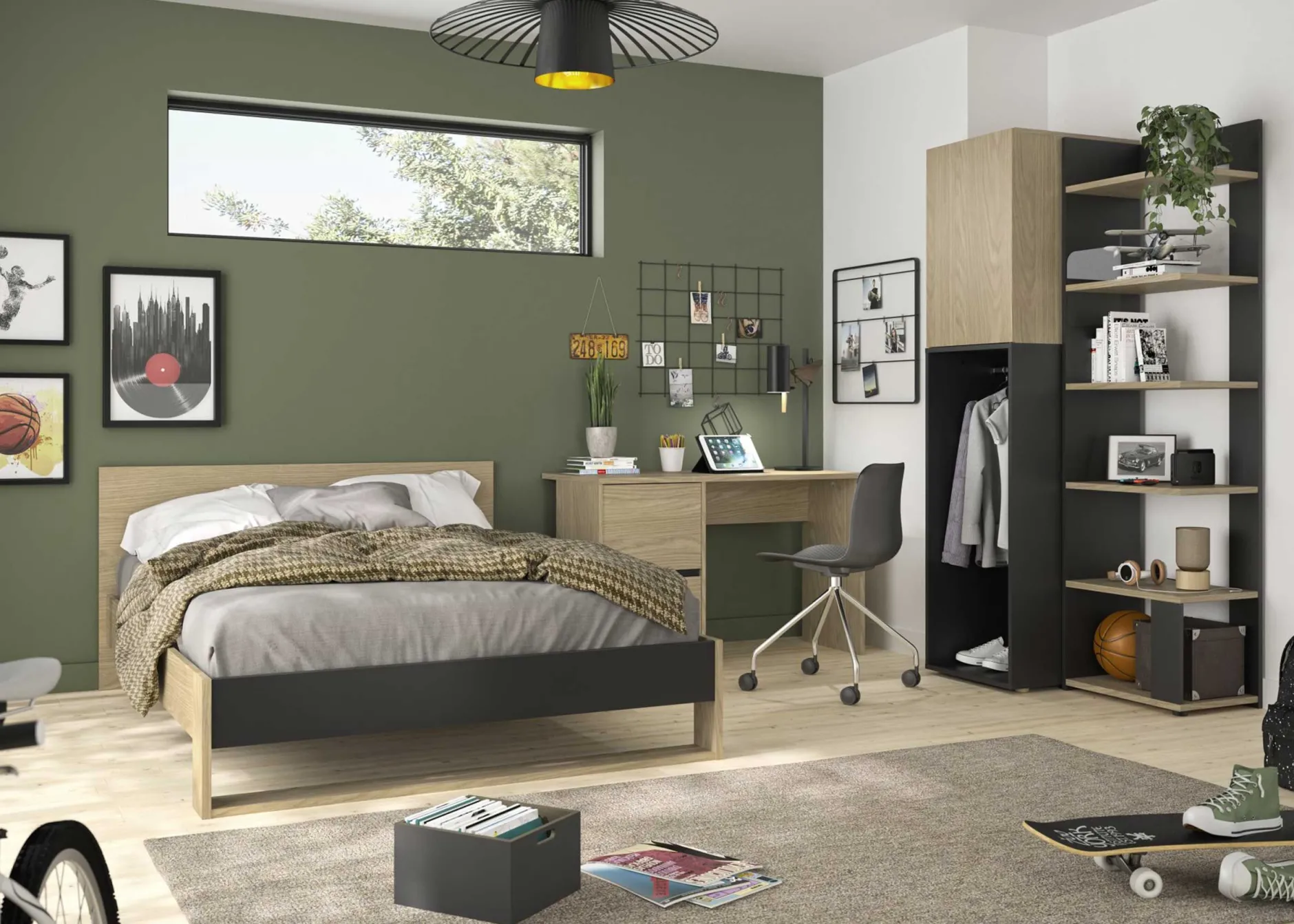 Kleiderschrank Nael - 50x60x200cm - 1 Tür und 1 Kleiderstange - Eiche Dekor/schwarz