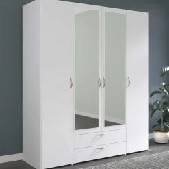 Kleiderschrank Salvador Spiegel, 4 Türen und 2 Schubladen - weiß