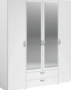 Kleiderschrank Salvador Spiegel, 4 Türen und 2 Schubladen - weiß