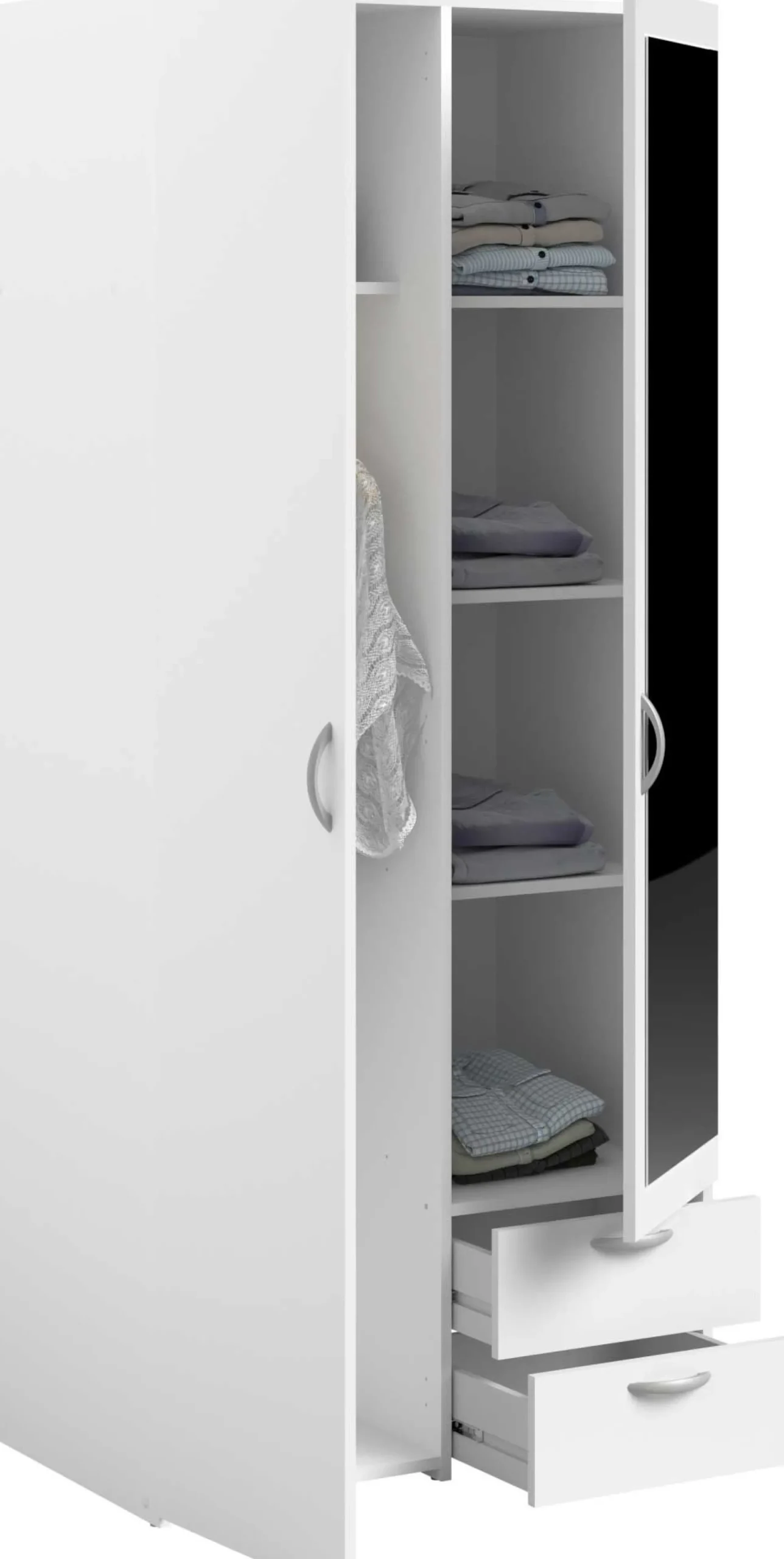 Kleiderschrank Salvador Spiegel, 2 Türen und 2 Schubladen - weiß