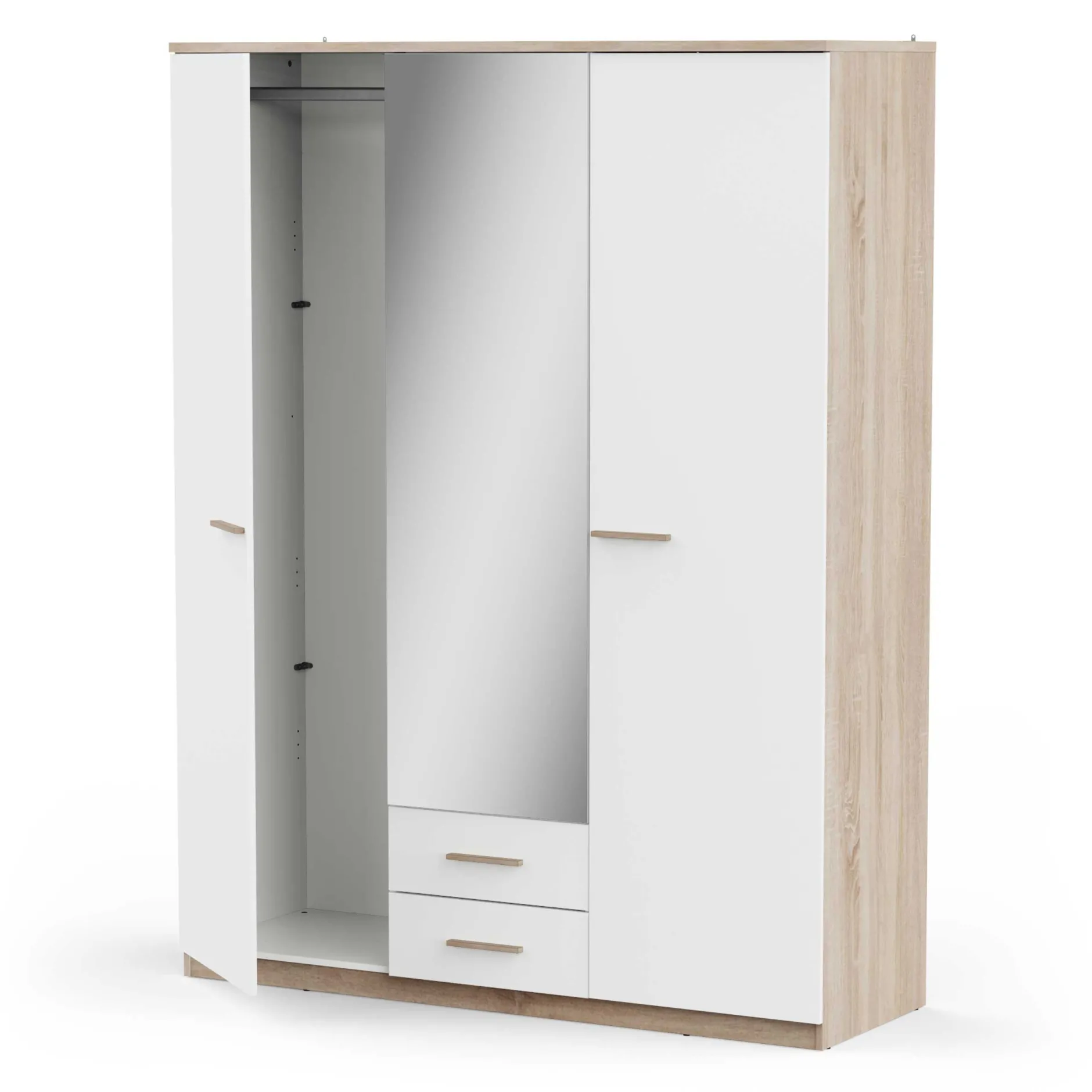 Kleiderschrank Seliena 3 Drehtüren, 1 Kleiderstange, 4 Einlegeböden und 2 Schubladen Eiche gebürstet/Mattweiß