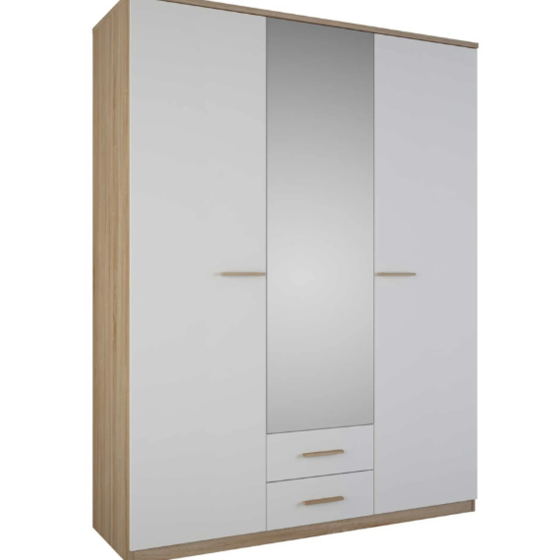 Kleiderschrank Seliena 3 Drehtüren, 1 Kleiderstange, 4 Einlegeböden und 2 Schubladen Eiche gebürstet/Mattweiß