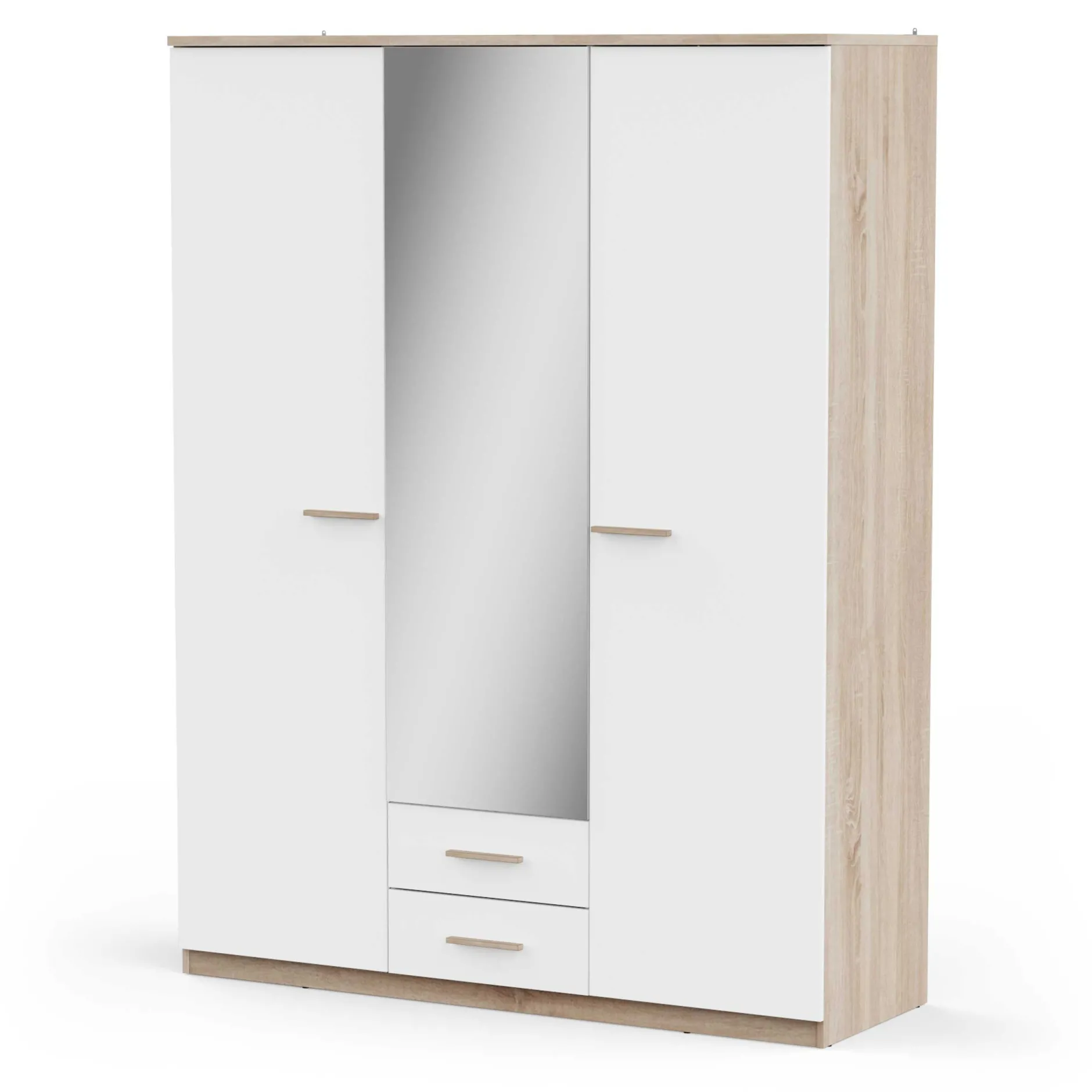 Kleiderschrank Seliena 3 Drehtüren, 1 Kleiderstange, 4 Einlegeböden und 2 Schubladen Eiche gebürstet/Mattweiß