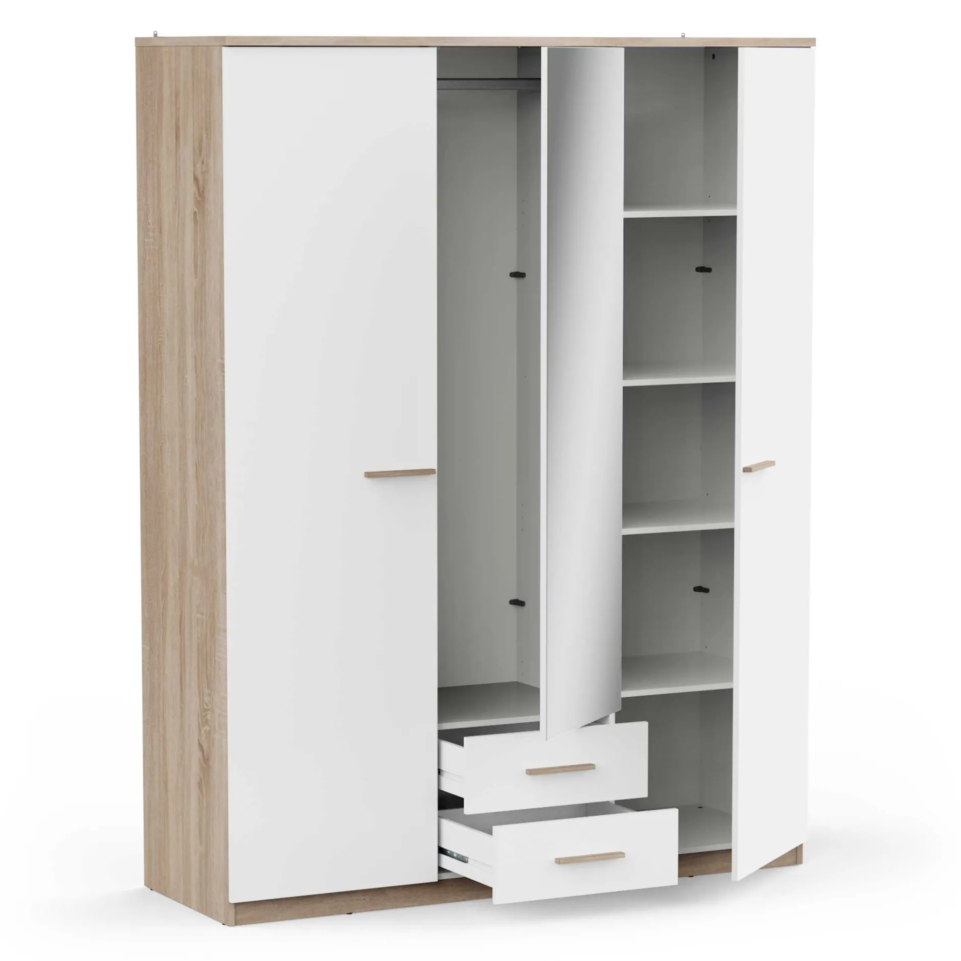Kleiderschrank Seliena 3 Drehtüren, 1 Kleiderstange, 4 Einlegeböden und 2 Schubladen Eiche gebürstet/Mattweiß