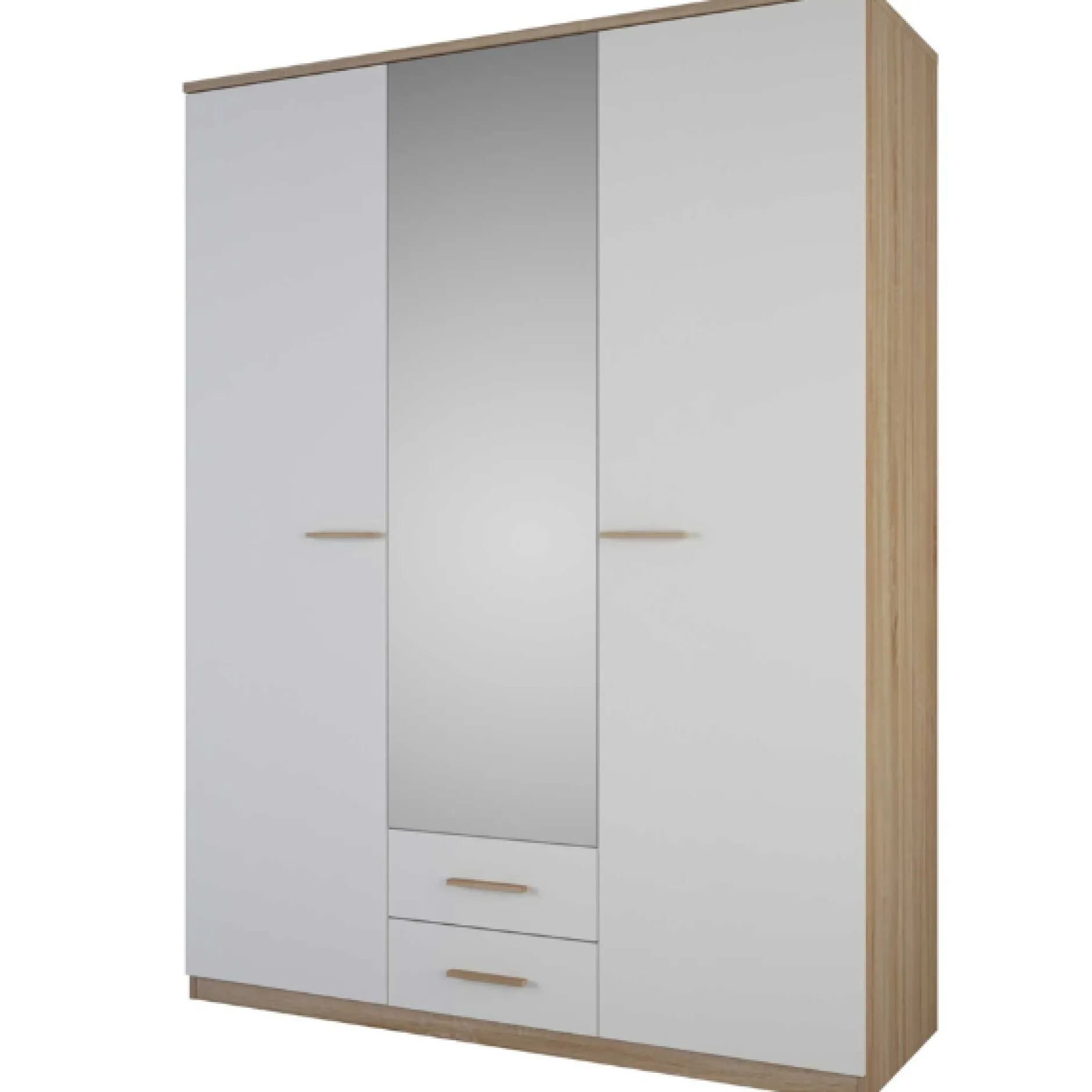 Kleiderschrank Seliena 3 Drehtüren, 1 Kleiderstange, 4 Einlegeböden und 2 Schubladen Eiche gebürstet/Mattweiß