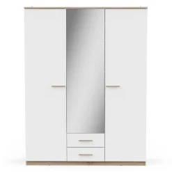 Kleiderschrank Seliena 3 Drehtüren, 1 Kleiderstange, 4 Einlegeböden und 2 Schubladen Eiche gebürstet/Mattweiß