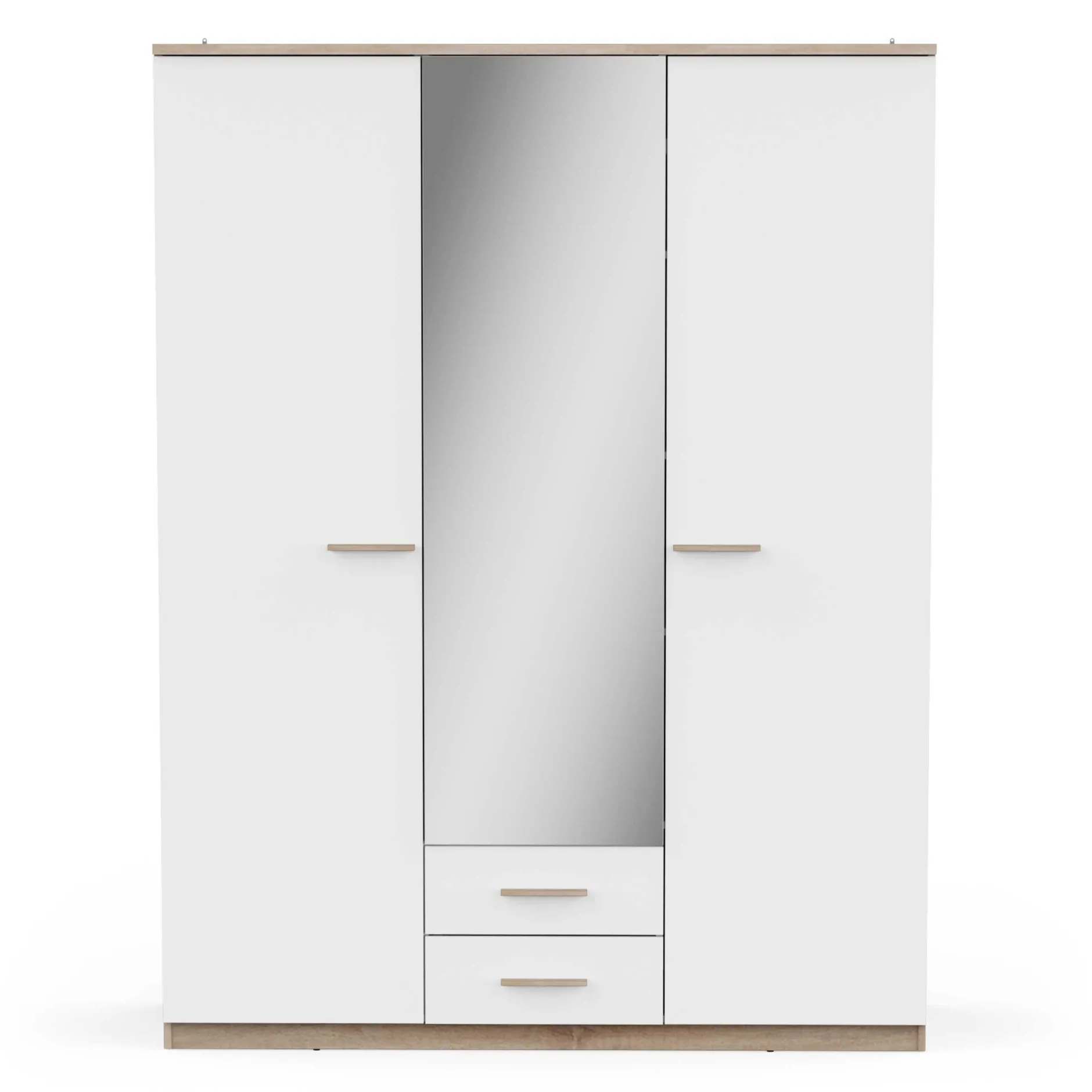 Kleiderschrank Seliena 3 Drehtüren, 1 Kleiderstange, 4 Einlegeböden und 2 Schubladen Eiche gebürstet/Mattweiß