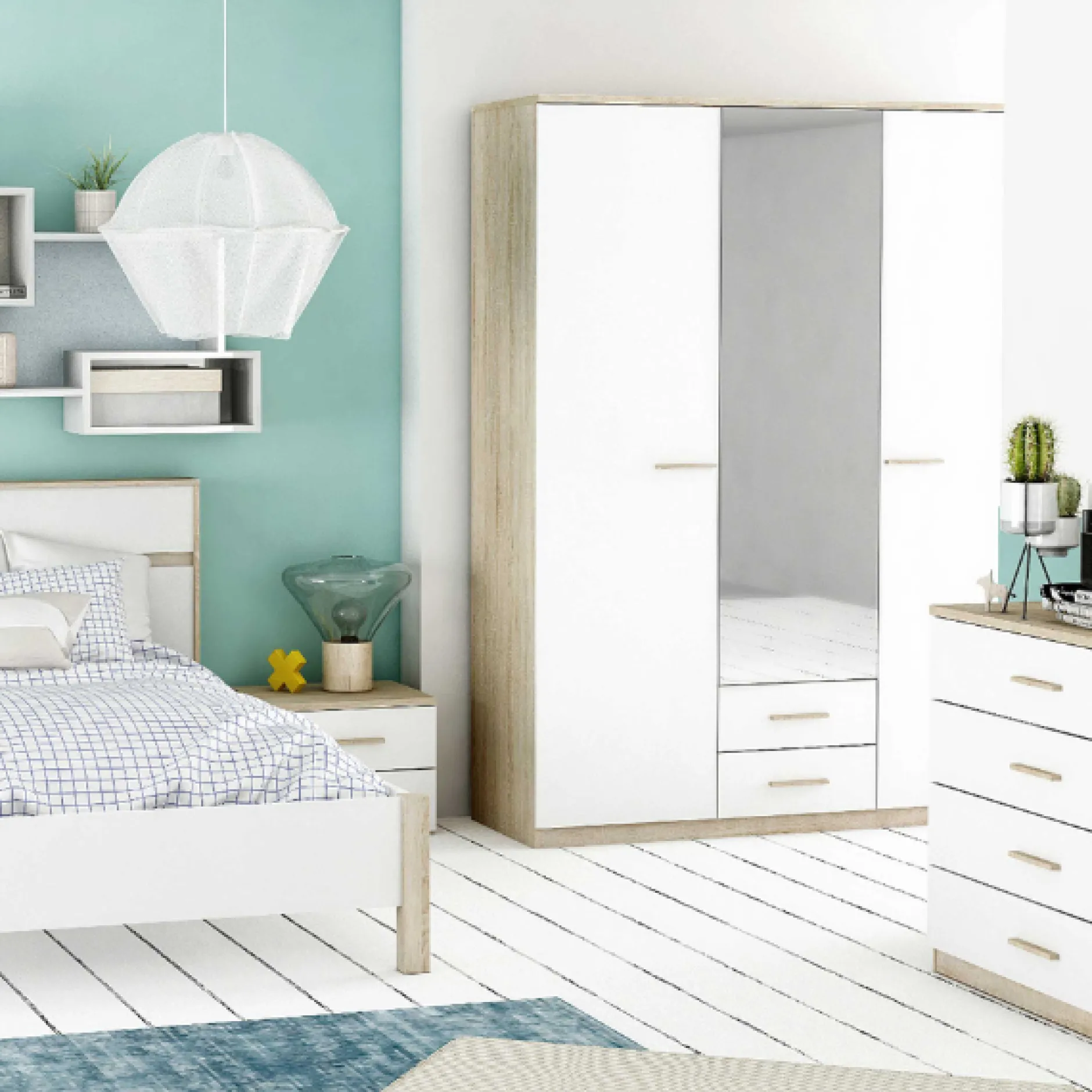 Kleiderschrank Seliena 3 Drehtüren, 1 Kleiderstange, 4 Einlegeböden und 2 Schubladen Eiche gebürstet/Mattweiß