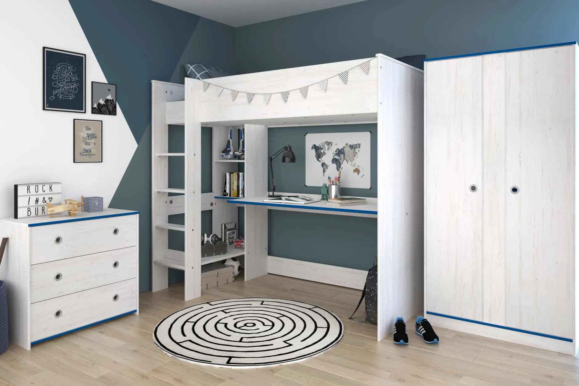 Kleiderschrank Smoozy 90cm 2 Türen - weiß/rosa oder weiß/blau