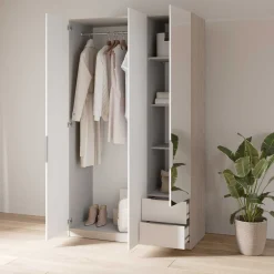 Kleiderschrank Spectre 120cm mit Spiegel - matt weiß/Eiche