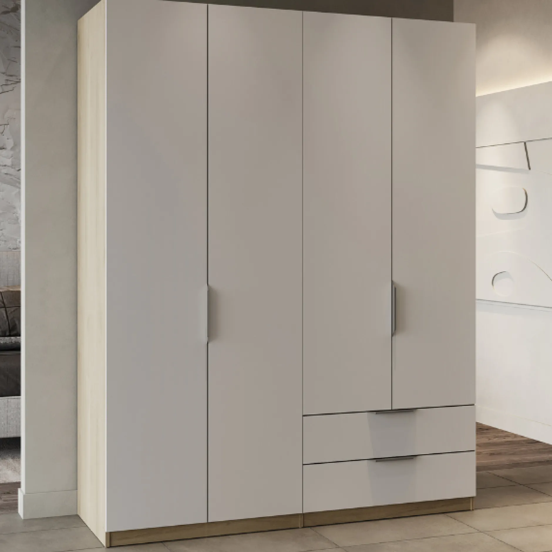 Kleiderschrank Spectre 157cm 4 Türen und 2 Schubladen - matt weiß/Eiche