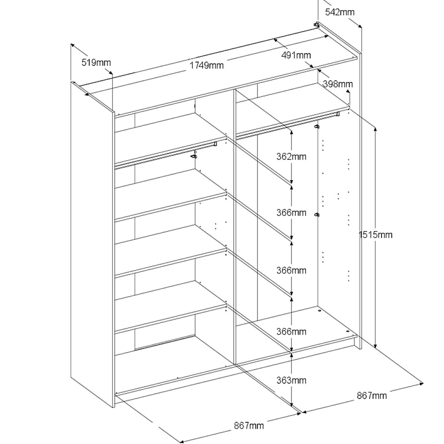Kleiderschrank Swings - 178x59x203cm - 2 Türen - weiß