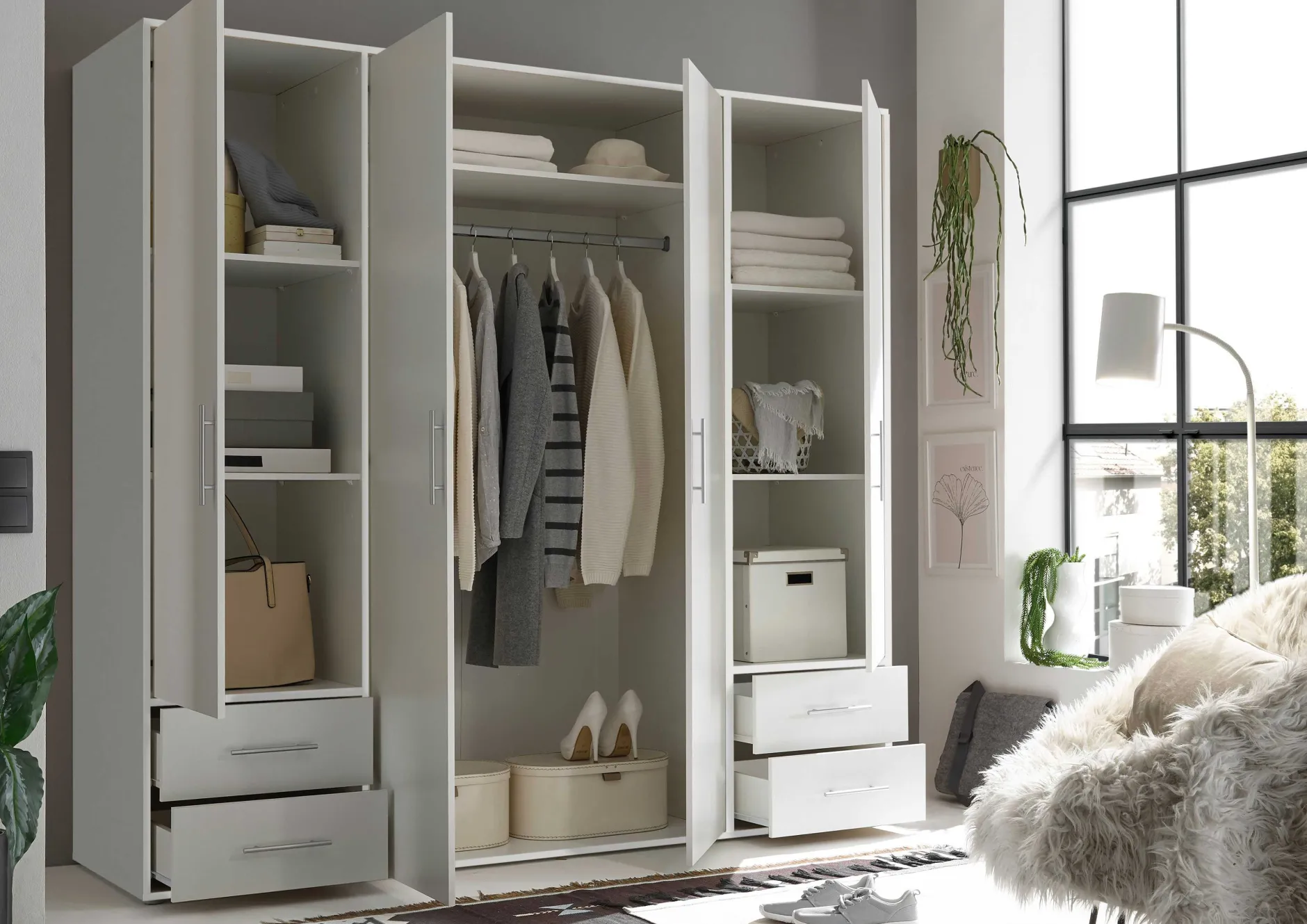 Kleiderschrank Valencia - 206x60x195cm - 4 Türen und 4 Schubladen - weiß