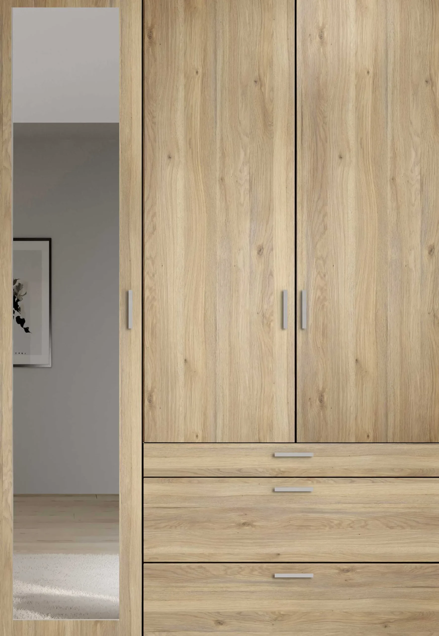 Kleiderschrank Vasili - 135x56x195cm - 3 Türen und 3 Schubladen - Eichendekor