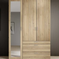 Kleiderschrank Vasili - 135x56x195cm - 3 Türen und 3 Schubladen - Eichendekor