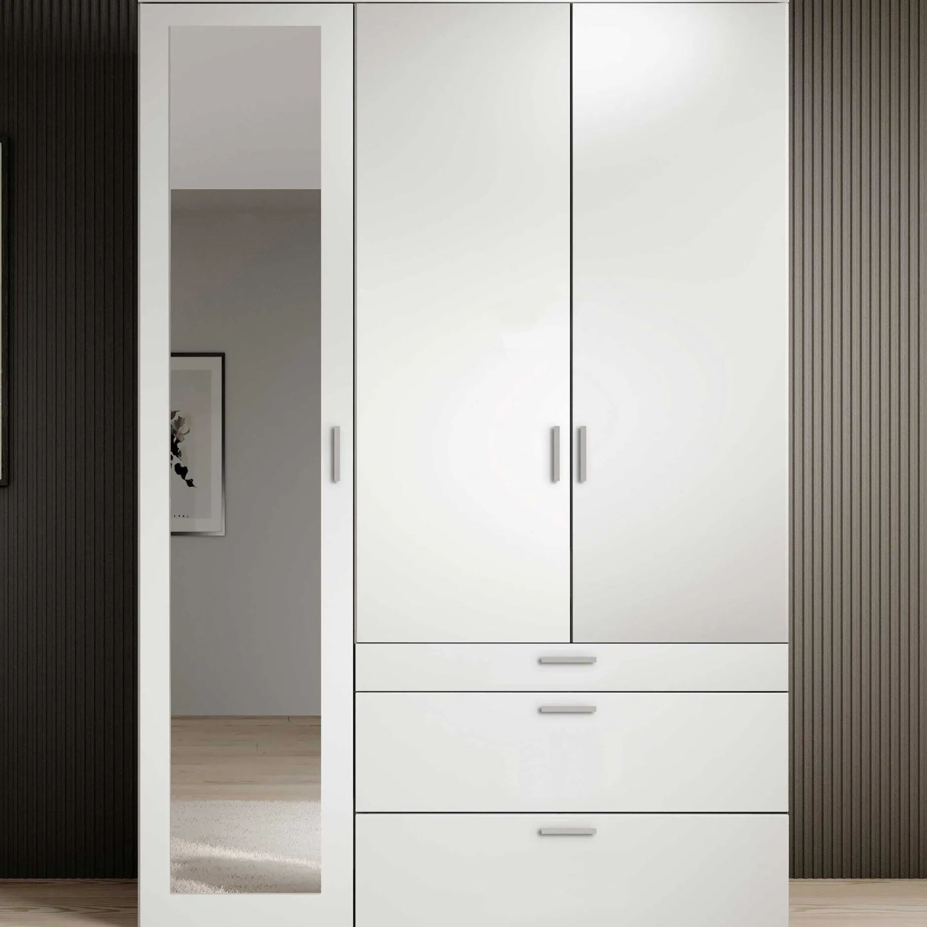 Kleiderschrank Vasili - 135x56x195cm - 3 Türen und 3 Schubladen - weiß