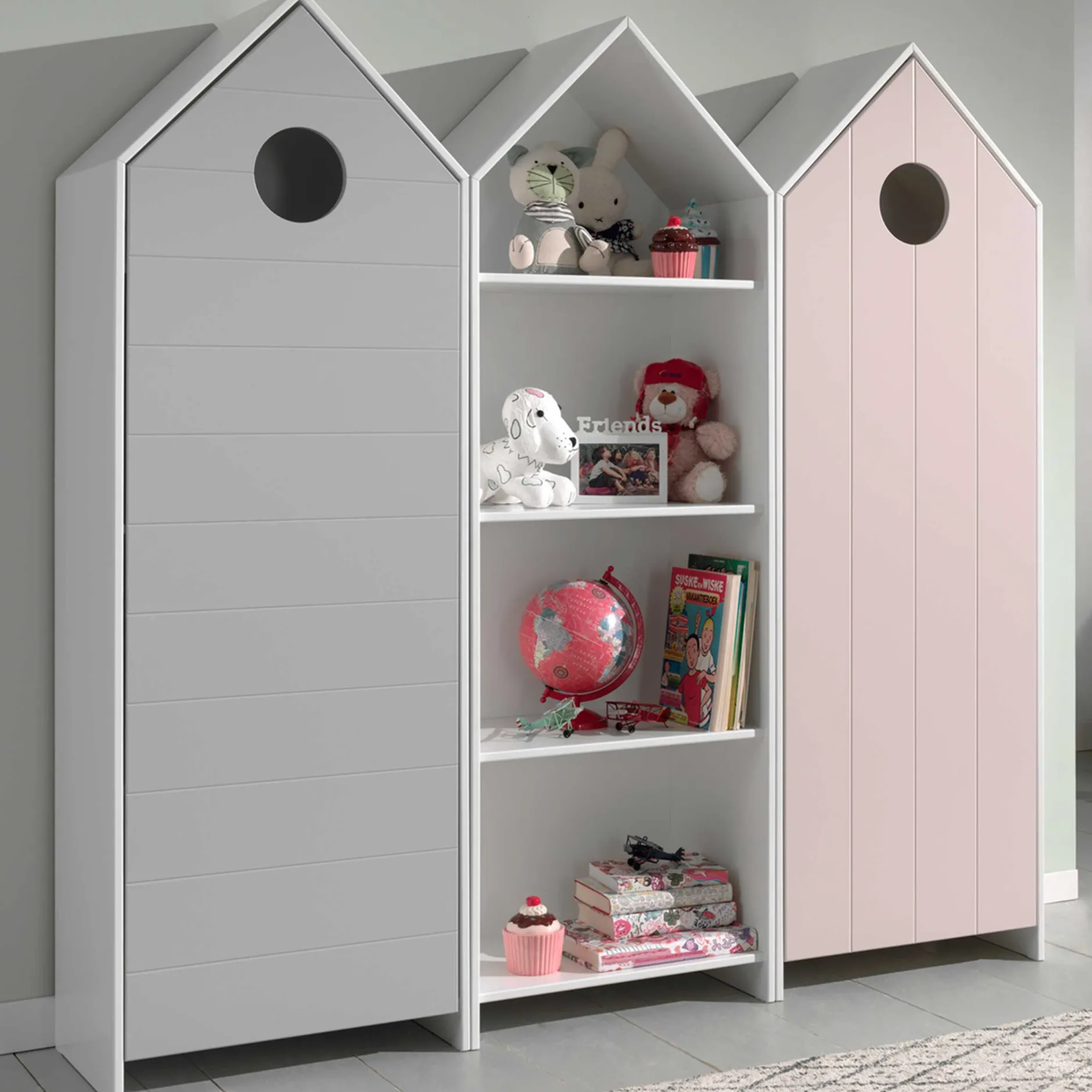 2 Kleiderschränke Bücherregal Casami - rosa/weiß/grau