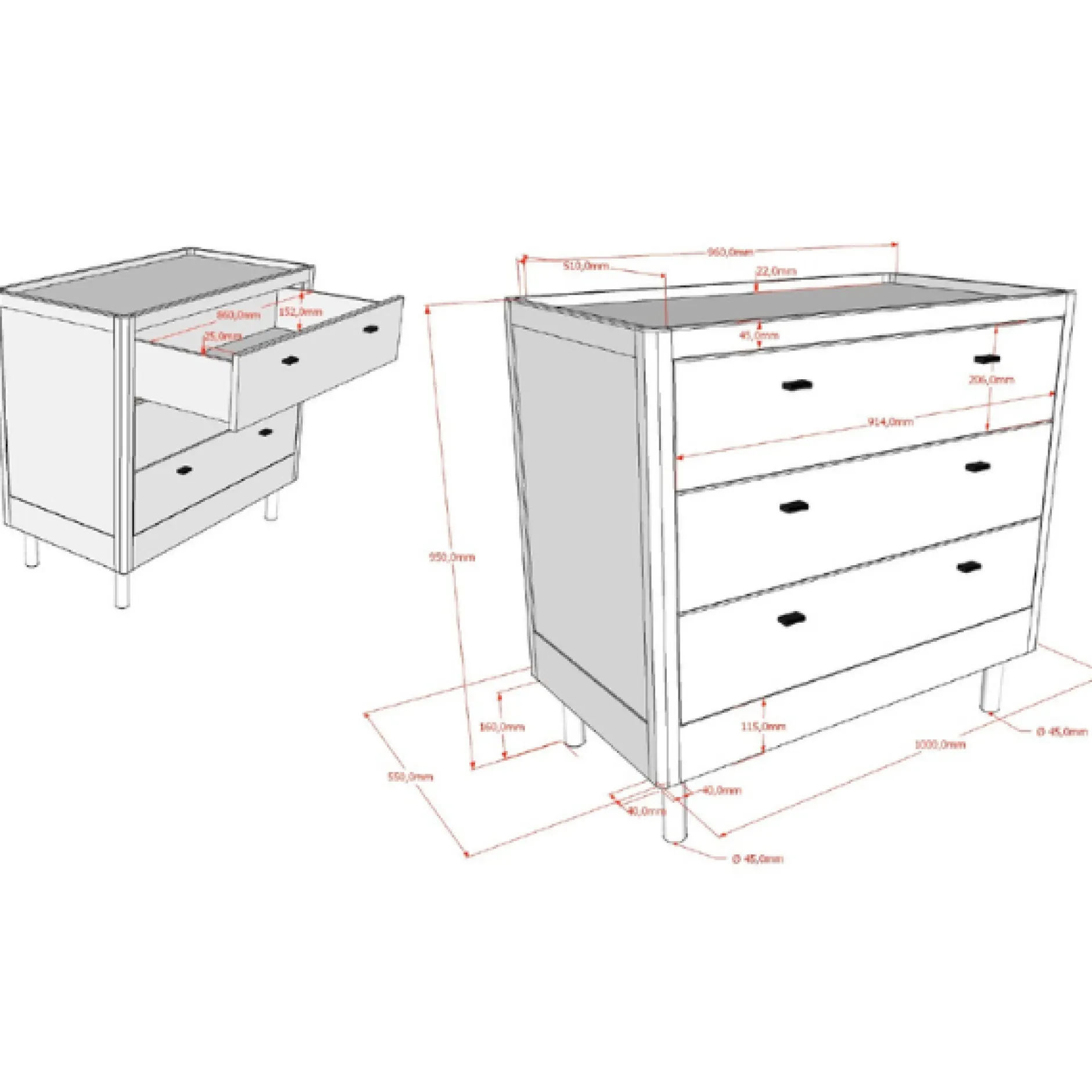 Kleinkindzimmer Forrest: Kleinkindbett 70x140cm, Kommode, Kleiderschrank - Weißbuche