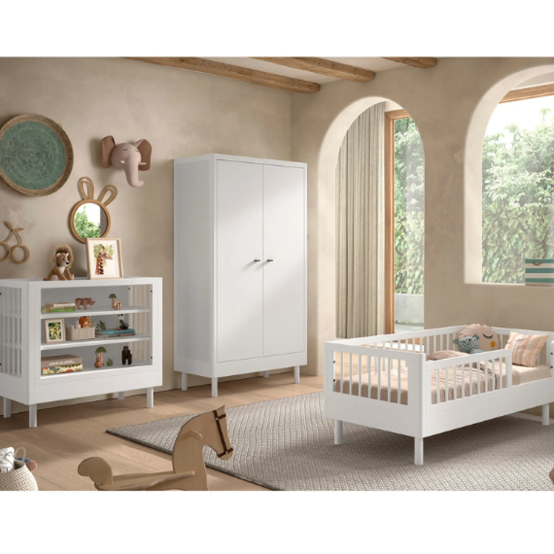 Kleinkindzimmer Forrest: Kleinkindbett 70x140cm, Wickeltisch, Kleiderschrank - Weißbuche