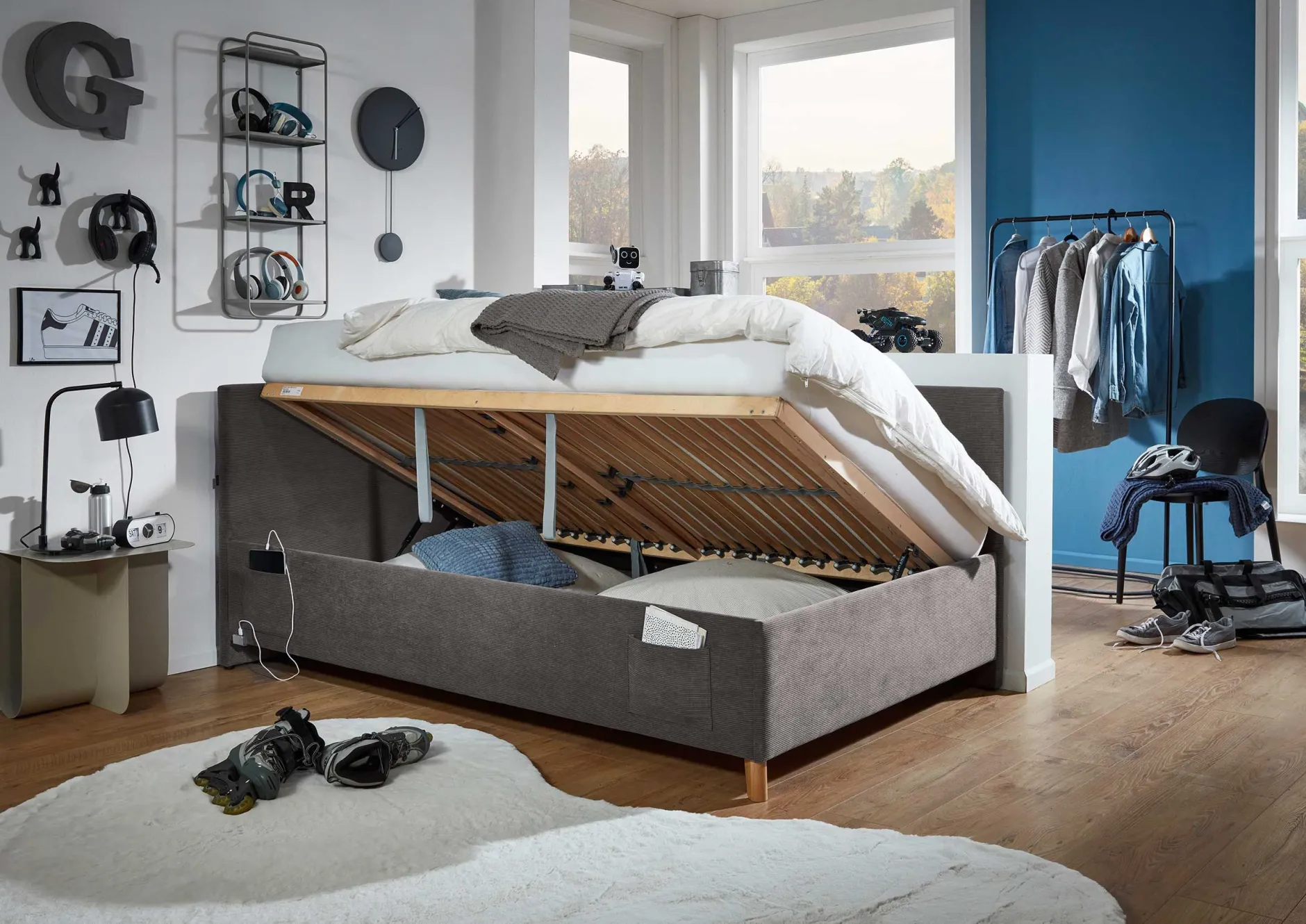 Kofferbett Cool | Mit Rückenlehne | 120 x 200 cm | Anthrazit Design