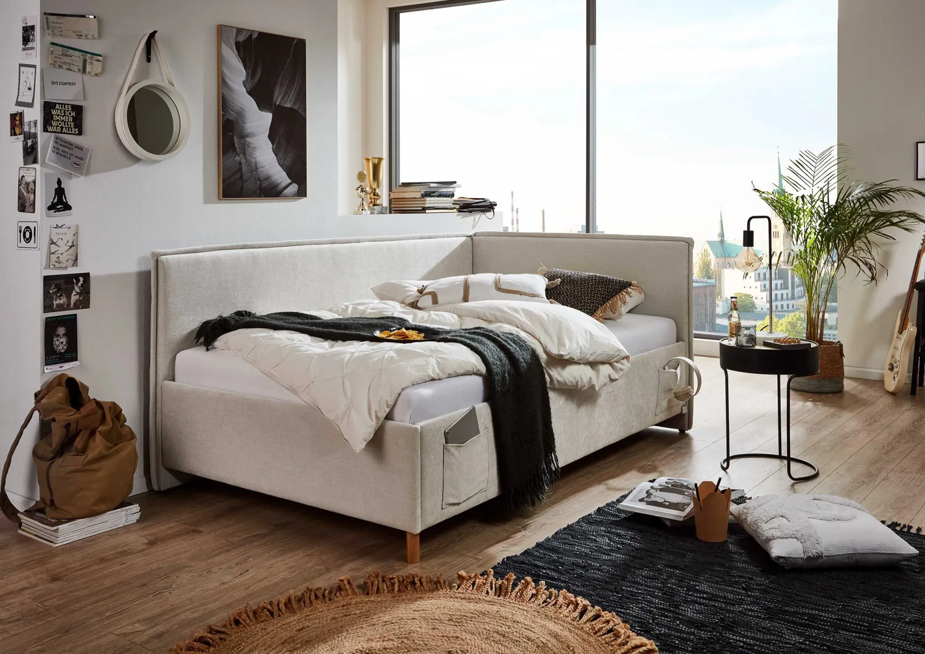 Kofferbett Ollie | Mit Rückenlehne | 140 x 200 cm | Beige Design