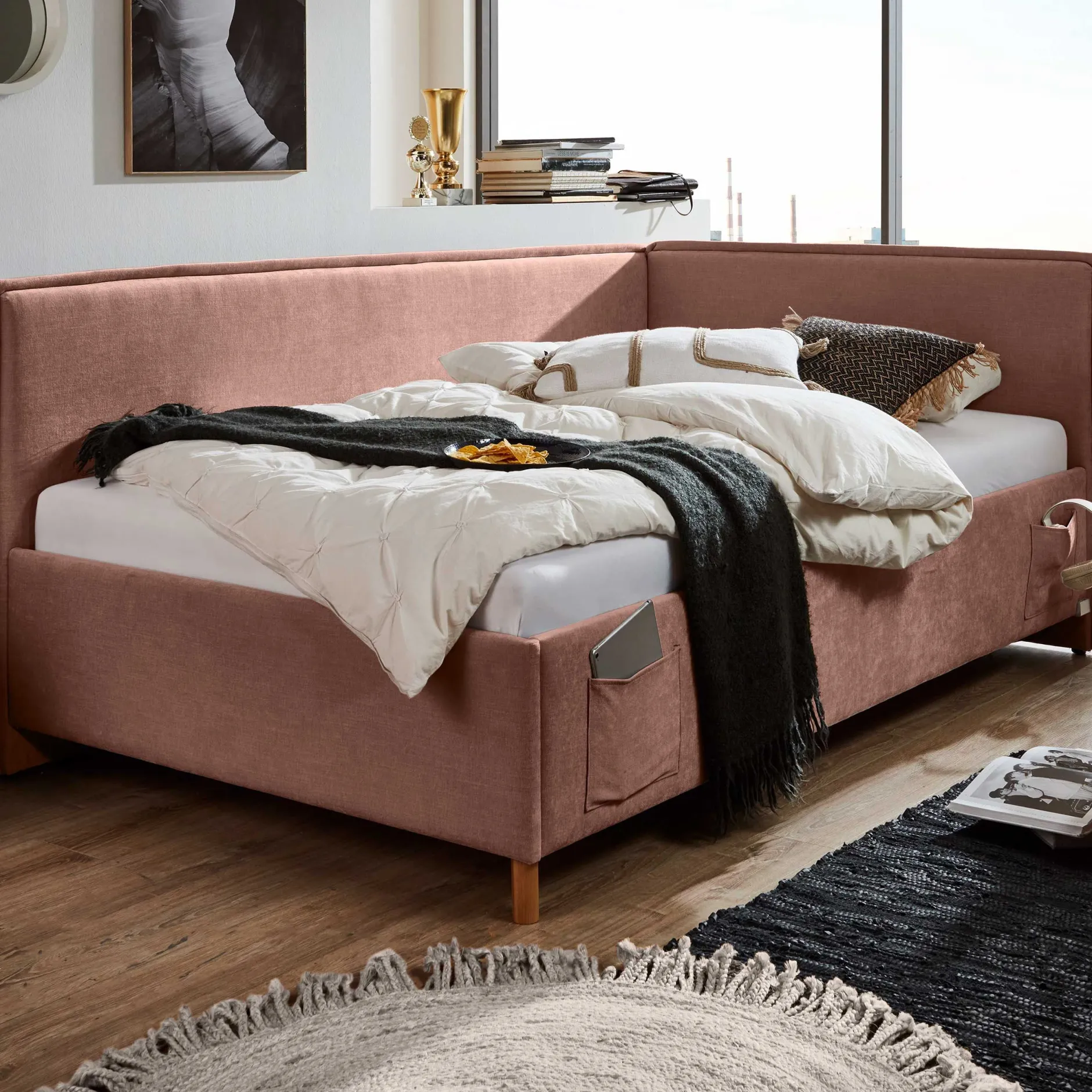 Kofferbett Ollie | Mit Rückenlehne | 90 x 200 cm | Rosa Design