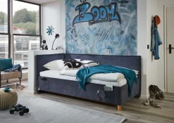 Kofferbett Ollie | Mit Rückenlehne | 90 x 200 cm | marineblaues Design