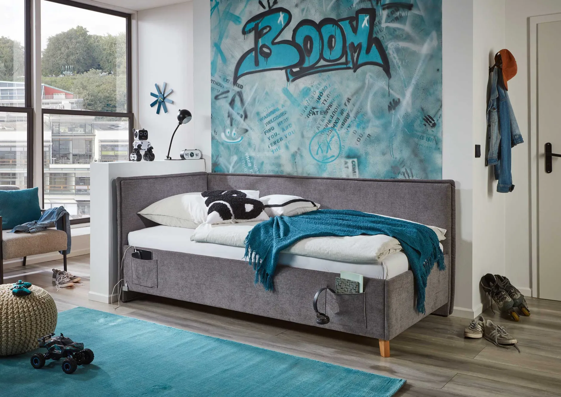 Kofferbett Ollie | 120 x 200 cm | Mit Rückenlehne | Grau