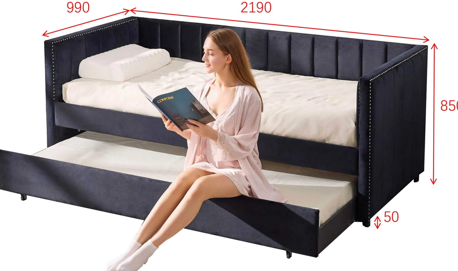 Kojenbett Auckland - 90 x 200 cm - Mit Rollbett - Schwarzer Velours