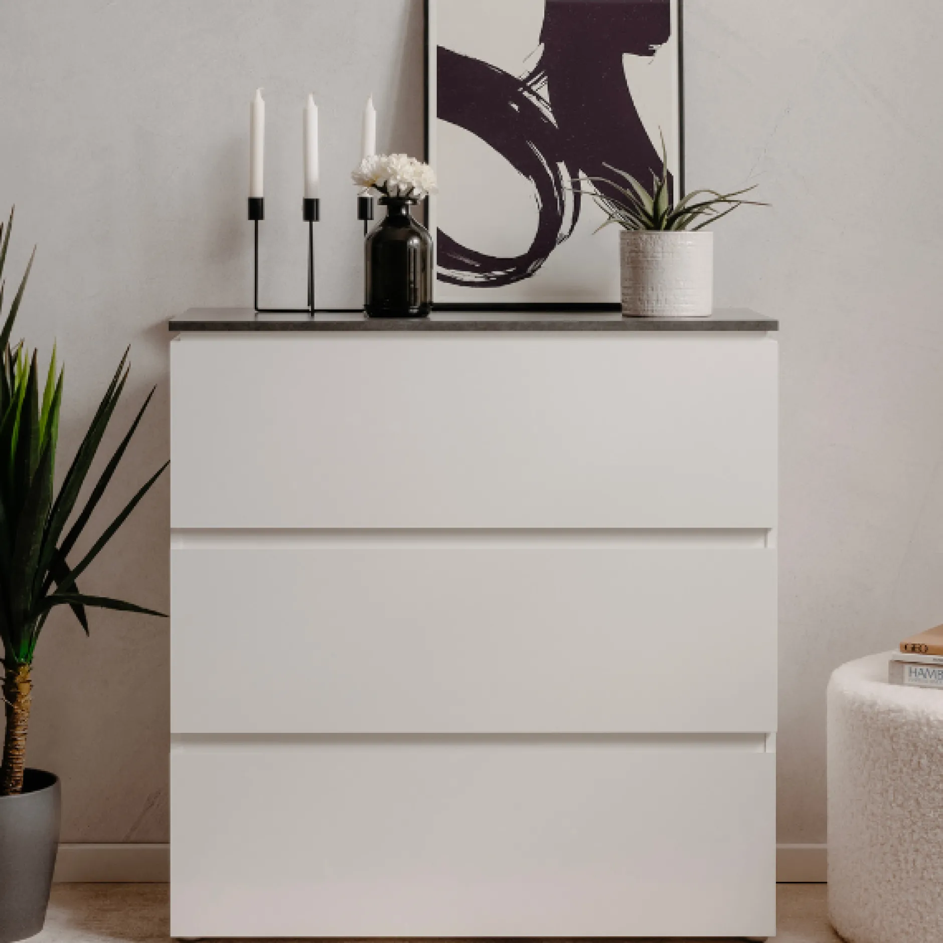 Kommode Bresse - 89x40x92cm - 3 Schubladen - Hochglanz weiß/anthrazit