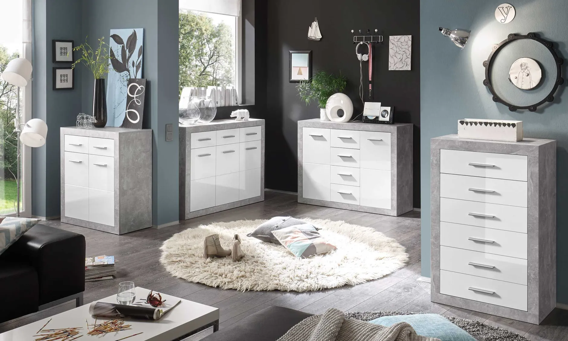 Kommode Inga 66cm mit 6 Schubladen - Beton/Weiß