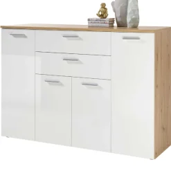 Kommode Lobi 4 Türen 2 Schubladen - weiß glänzend/Holz