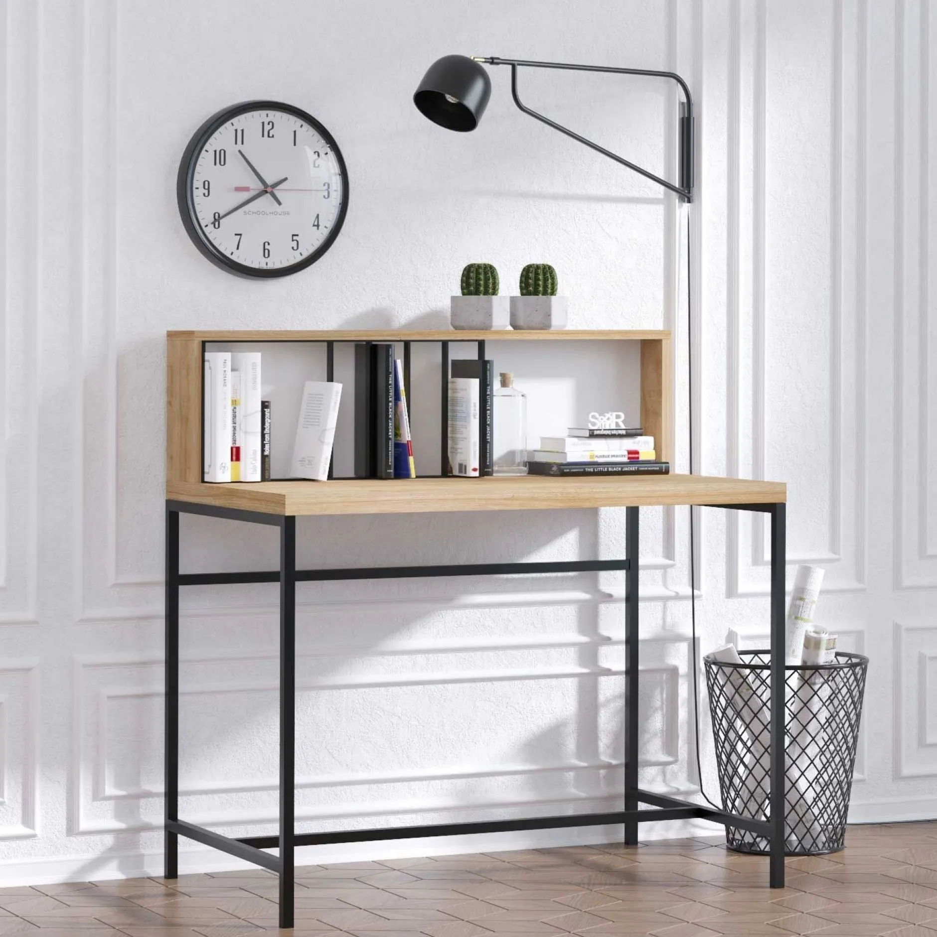 Kreative Home Office Schreibtisch mit Regalen | Eiche Schwarz