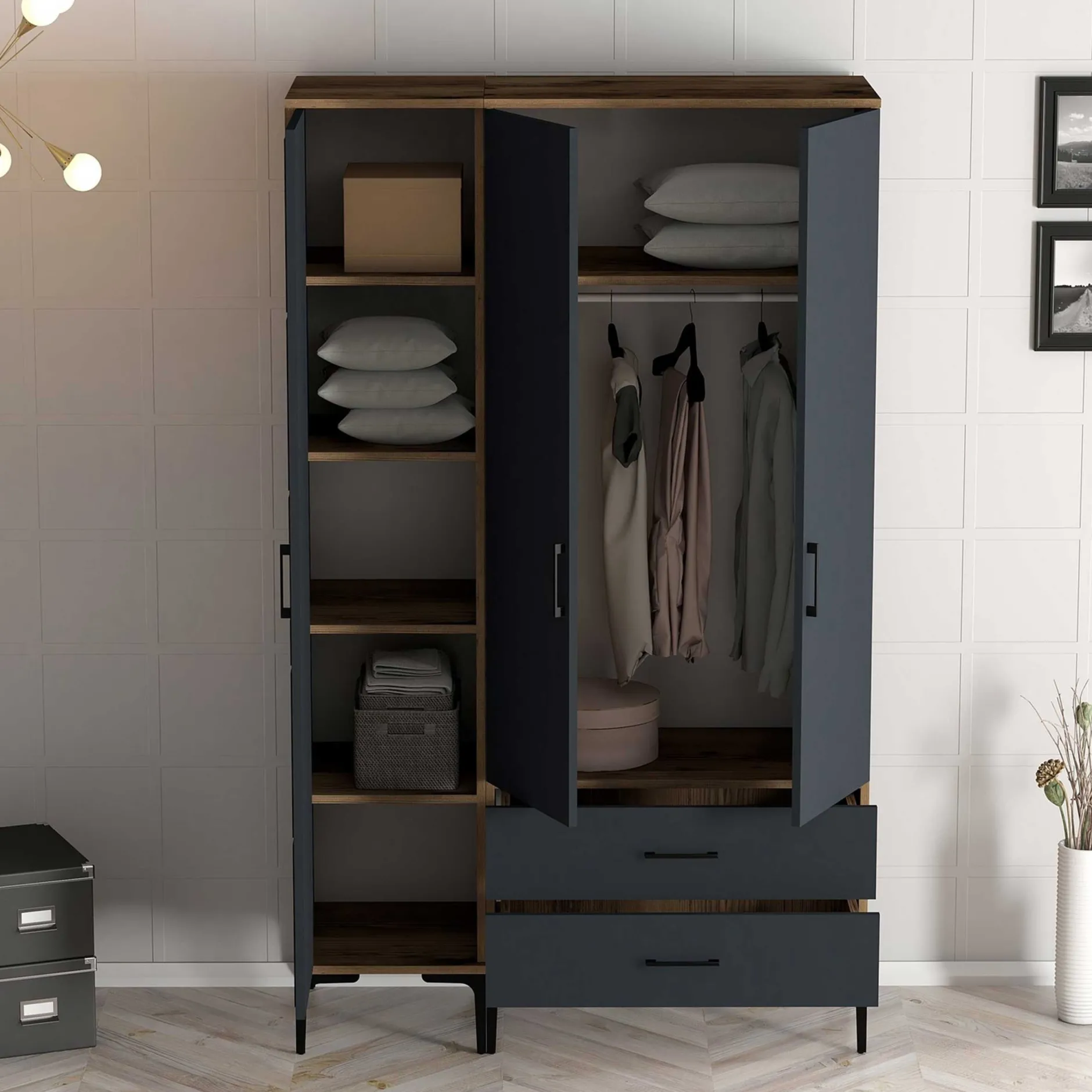Kumsal Kleiderschrank | 100% MELAMIN | Walnuss, Anthrazit