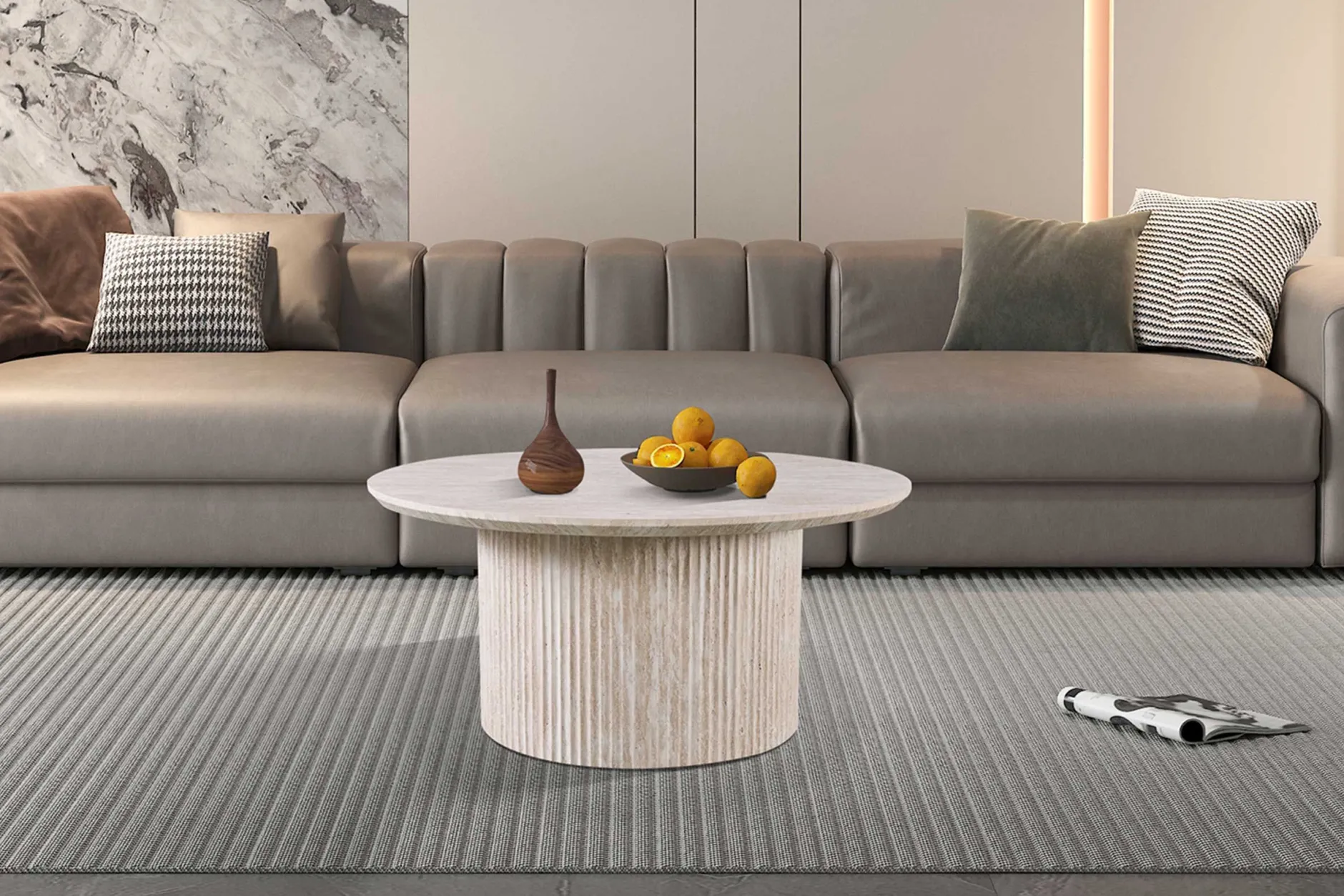 Lagos" 80 cm Runder Couchtisch Travertin Beige | Struktur MDF matt, Platte MDF 25 mm mit 3D-Papier | 38 x 80 x 80 cm