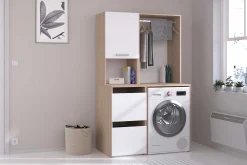 Laundry Aufbewahrungsschrank - 47x66x184cm - 3 Türen - Eiche Dekor/Weiß