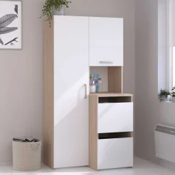 Laundry Aufbewahrungsschrank - 92x66x184cm - 4 Türen - Eiche Dekor/Weiß