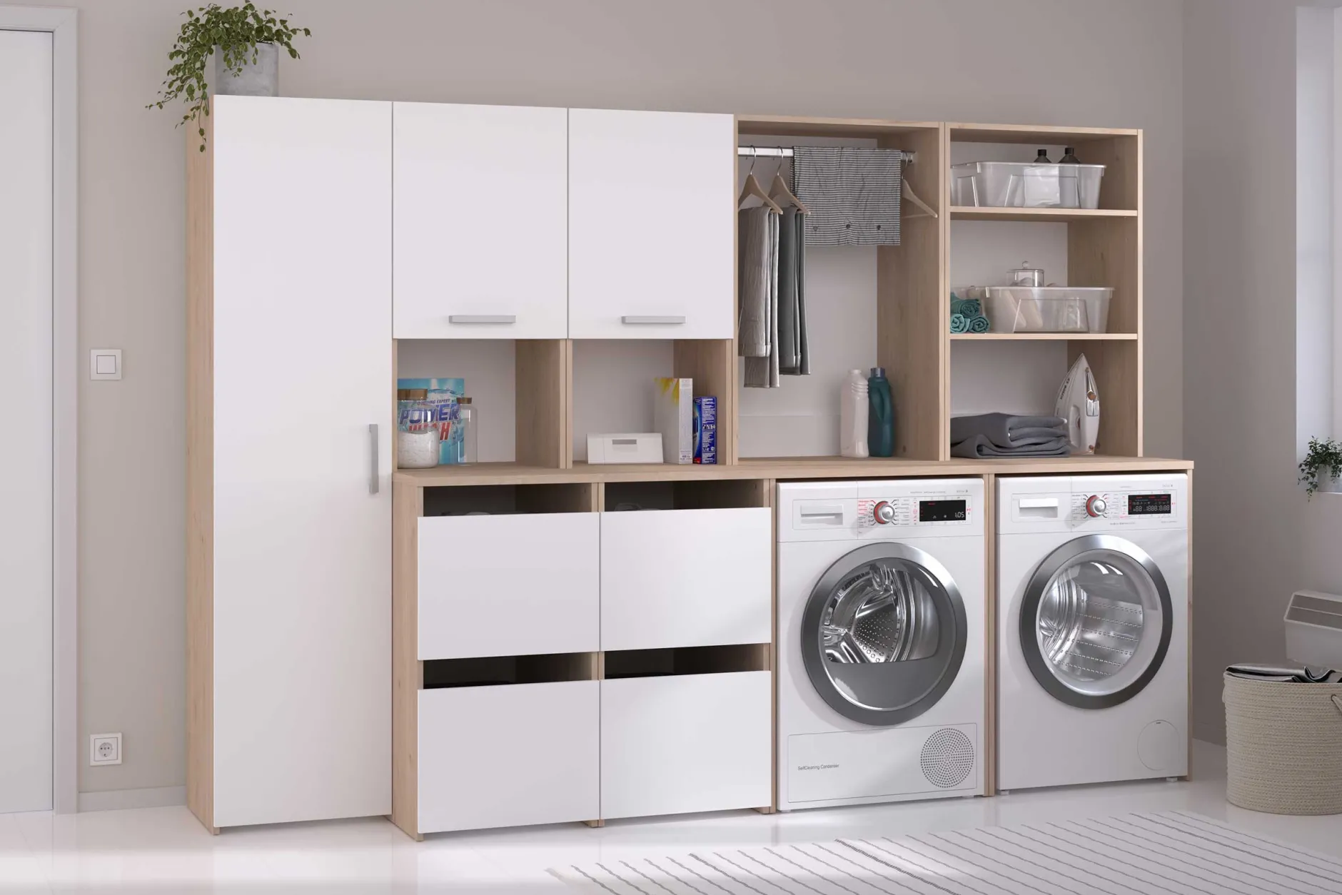 Laundry Waschmaschinenschrank - 65x60x184cm - mit 2 Einlegeböden - Eiche Dekor