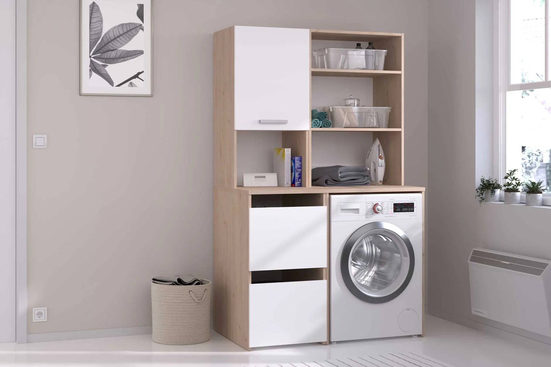 Laundry Waschmaschinenschrank - 65x60x184cm - mit 2 Einlegeböden - Eiche Dekor