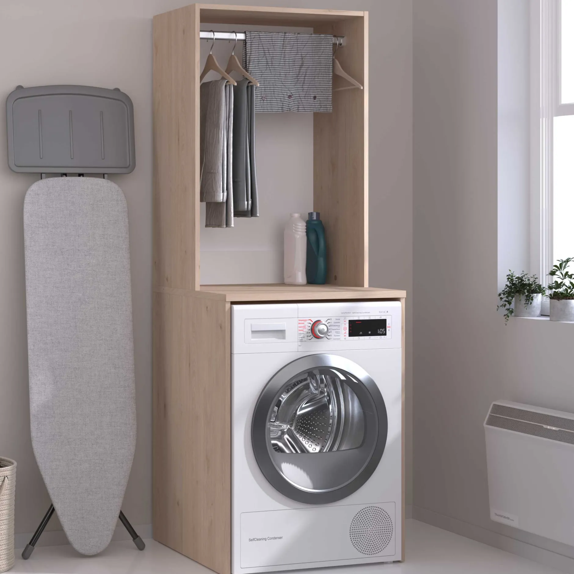 Laundry Waschmaschinenschrank - 65x60x184cm - mit Kleiderstange - Eiche Dekor