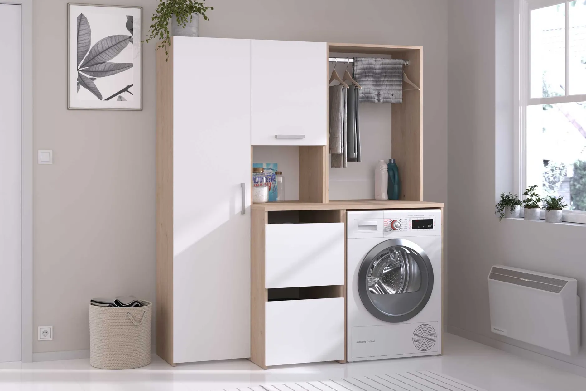 Laundry Waschmaschinenschrank - 65x60x184cm - mit Kleiderstange - Eiche Dekor