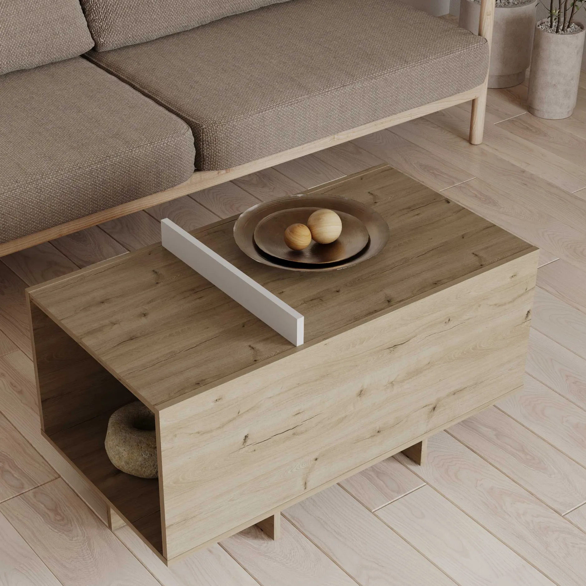 Leda Couchtisch - 48x91x50cm - mit Ablage - Eiche Dekor