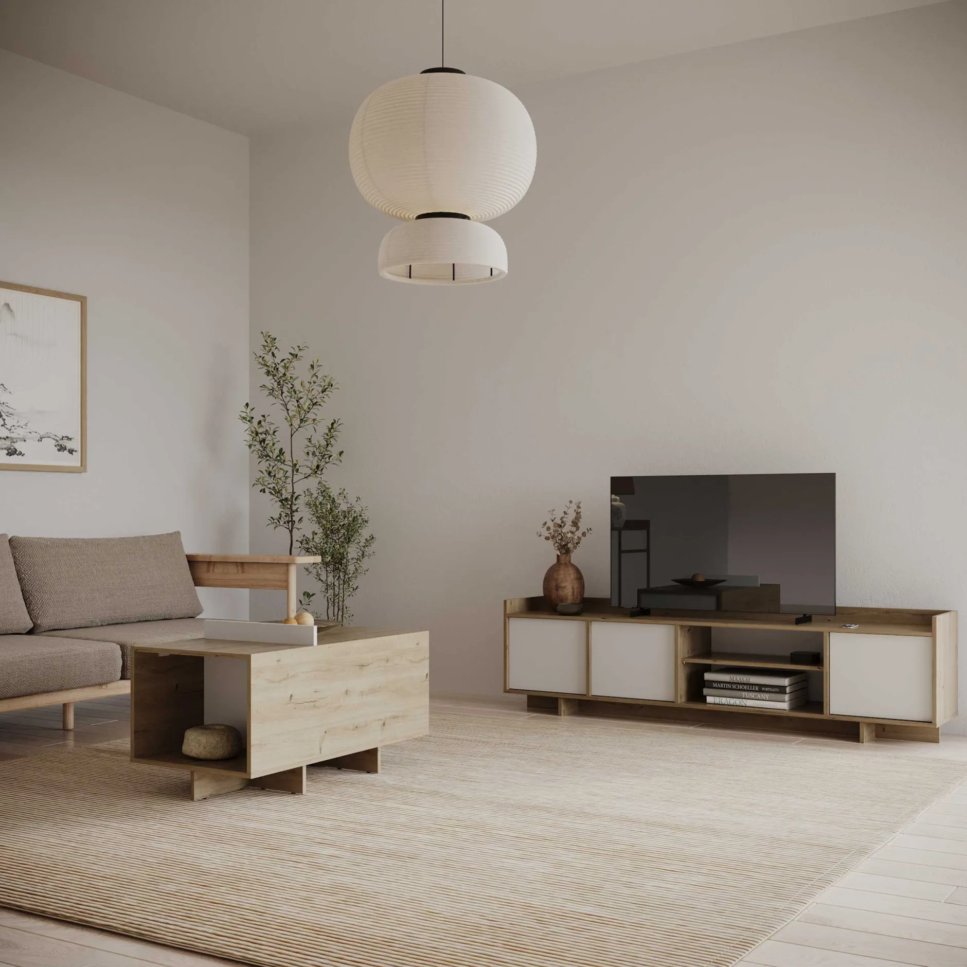 Leda Couchtisch - 48x91x50cm - mit Ablage - Eiche Dekor