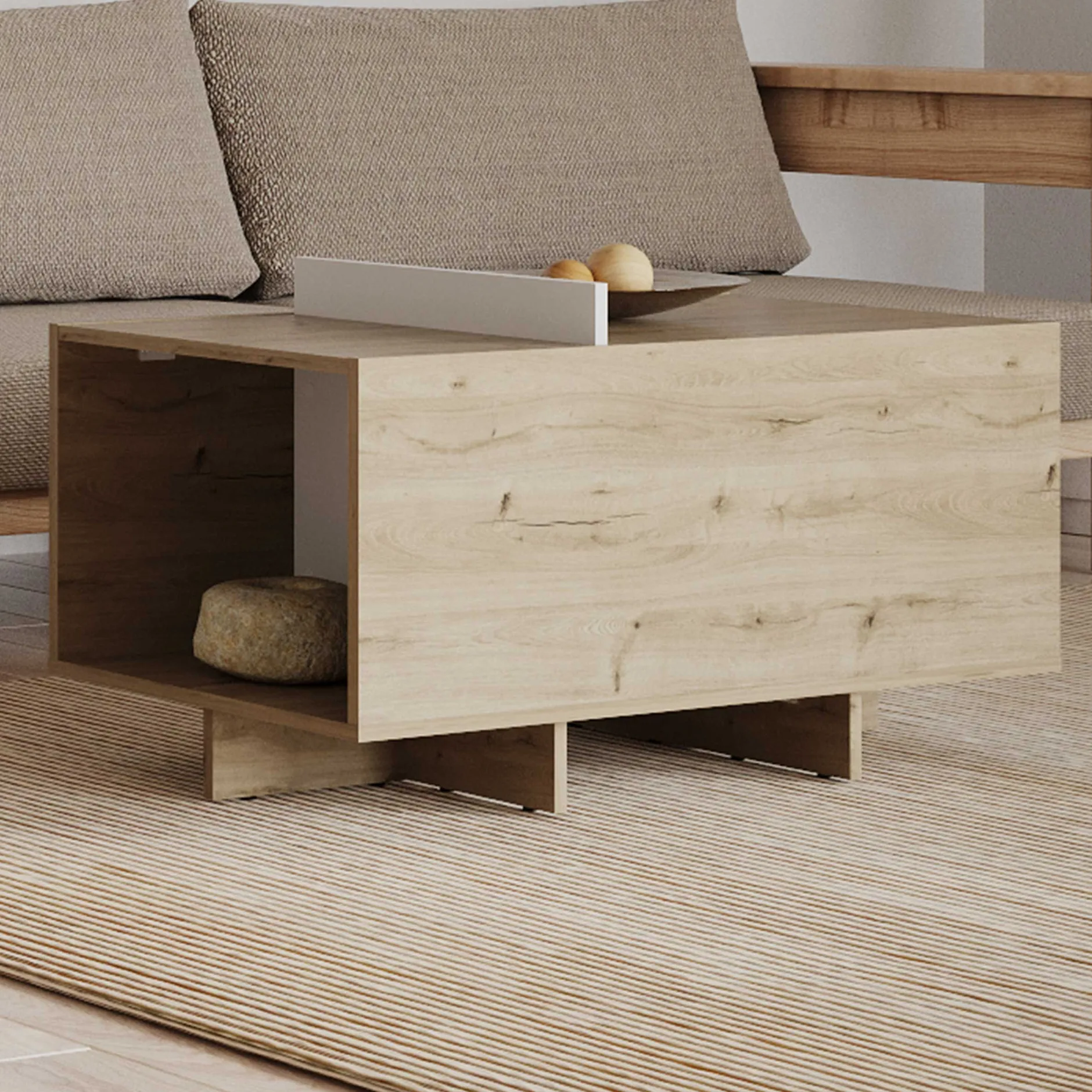 Leda Couchtisch - 48x91x50cm - mit Ablage - Eiche Dekor