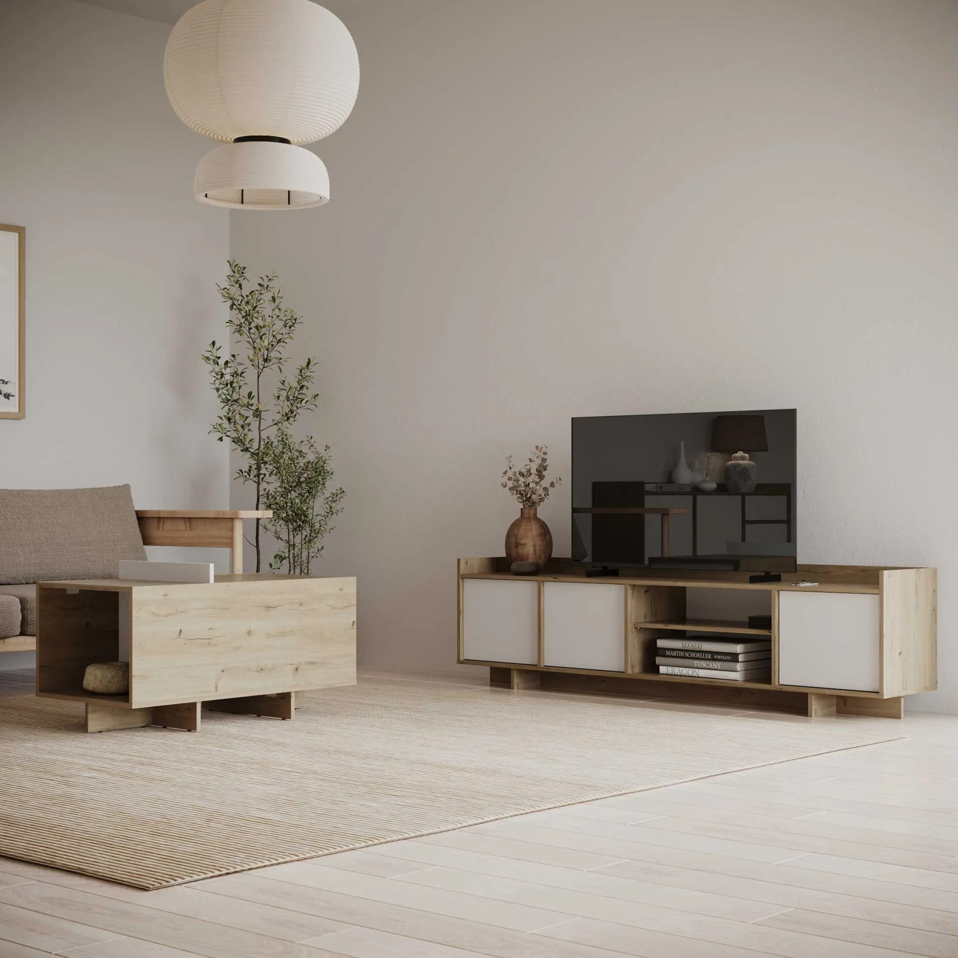 Leda Couchtisch - 48x91x50cm - mit Ablage - Eiche Dekor
