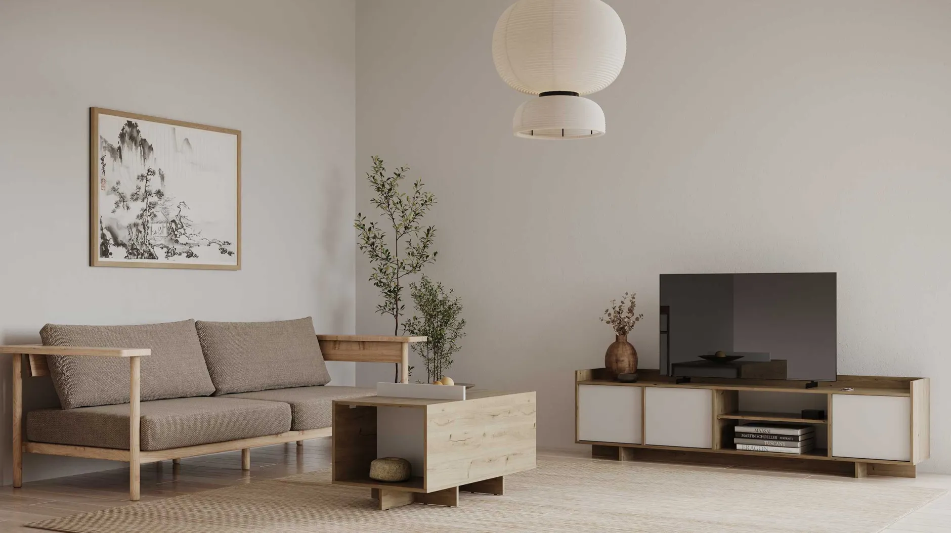 Leda Couchtisch - 48x91x50cm - mit Ablage - Eiche Dekor