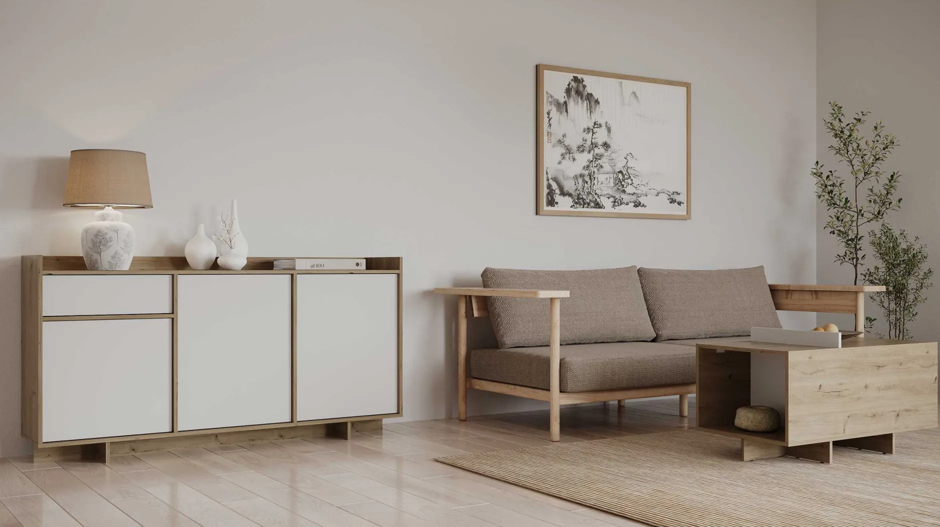 Leda Couchtisch - 48x91x50cm - mit Ablage - Eiche Dekor