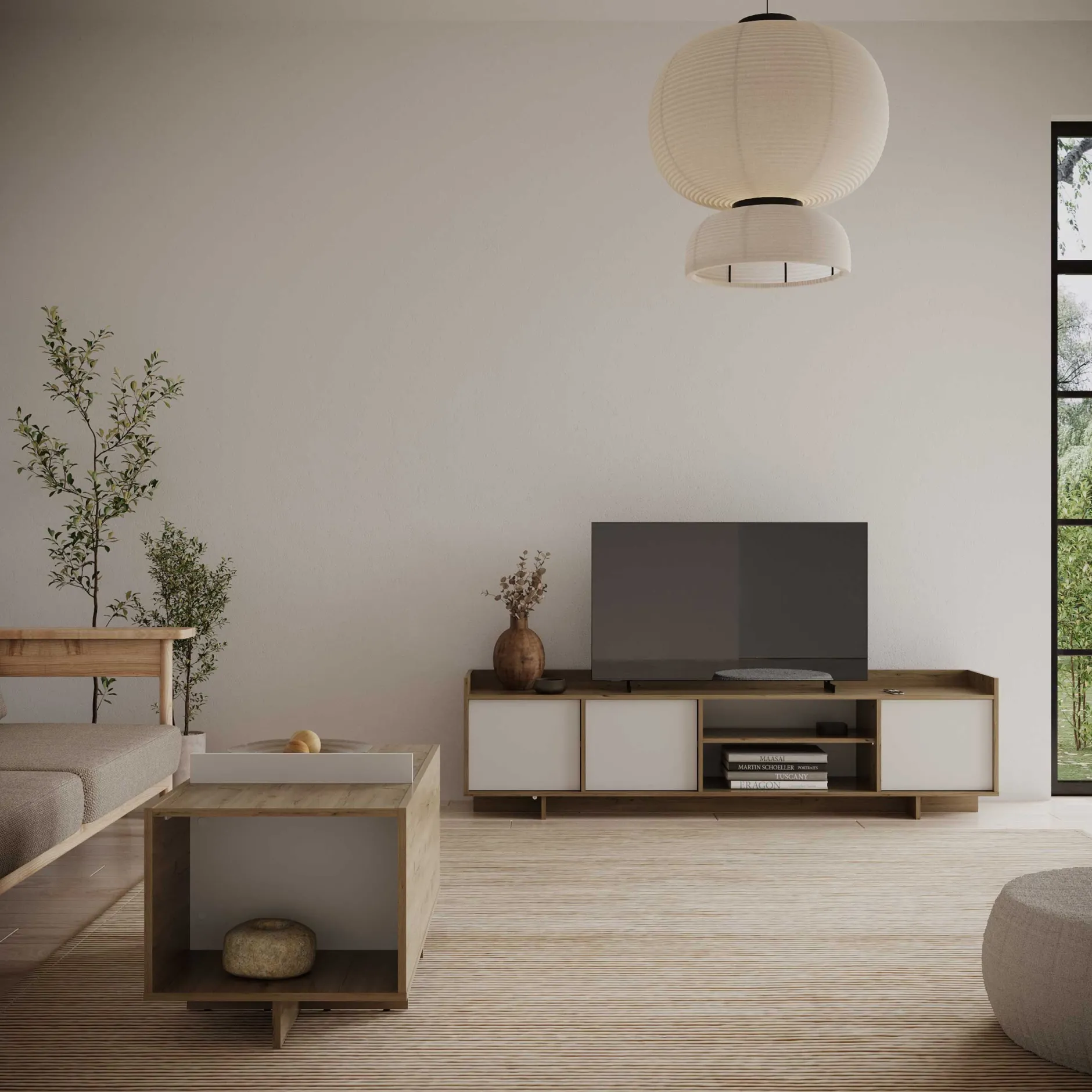 Leda Couchtisch - 48x91x50cm - mit Ablage - Eiche Dekor