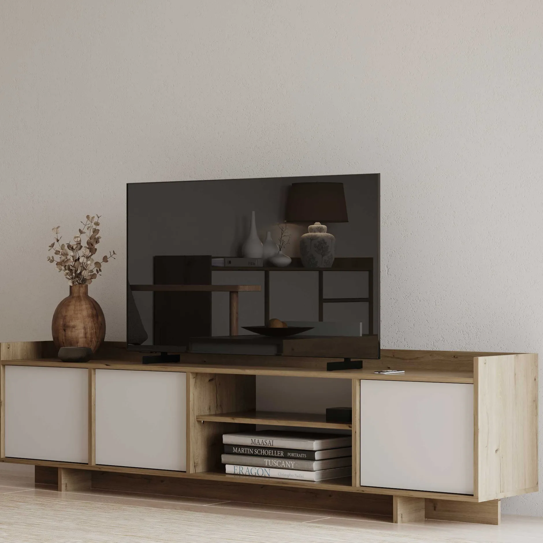 Leda TV-Schrank - 183x36x50cm - 3 Türen - weiß/Eiche Dekor