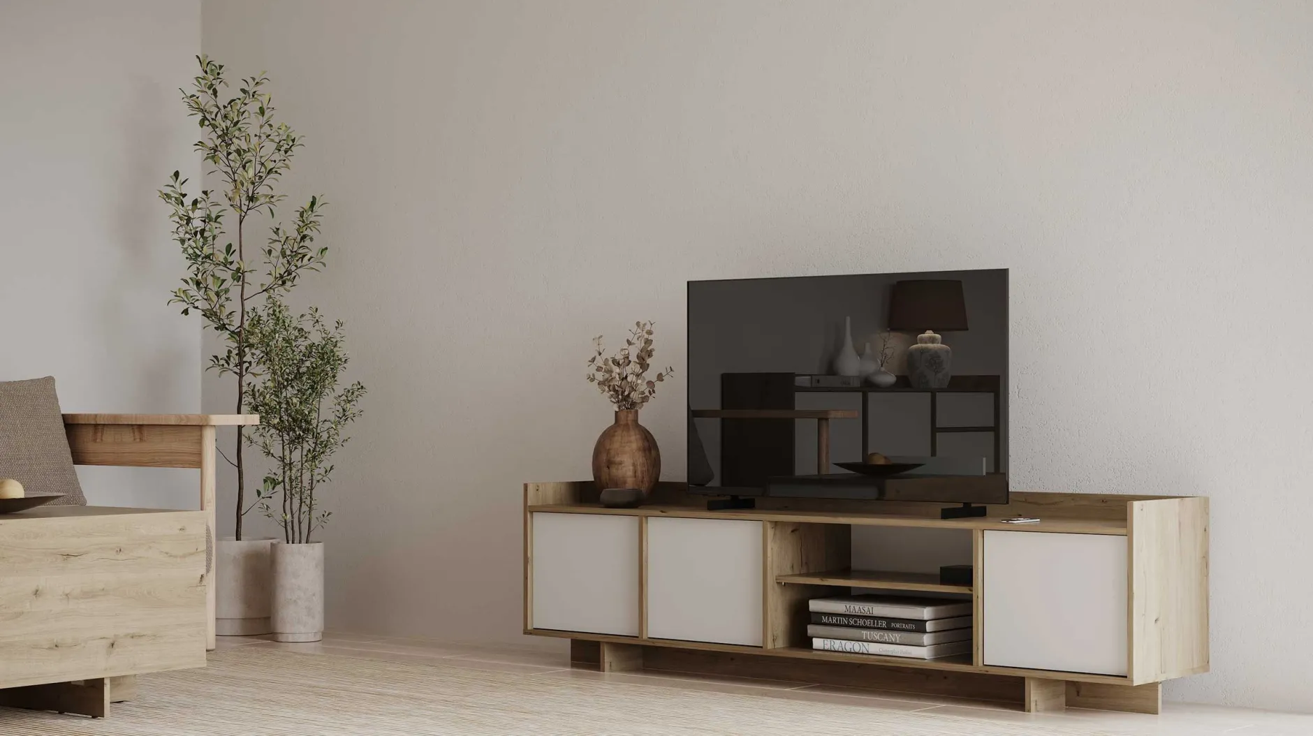 Leda TV-Schrank - 183x36x50cm - 3 Türen - weiß/Eiche Dekor